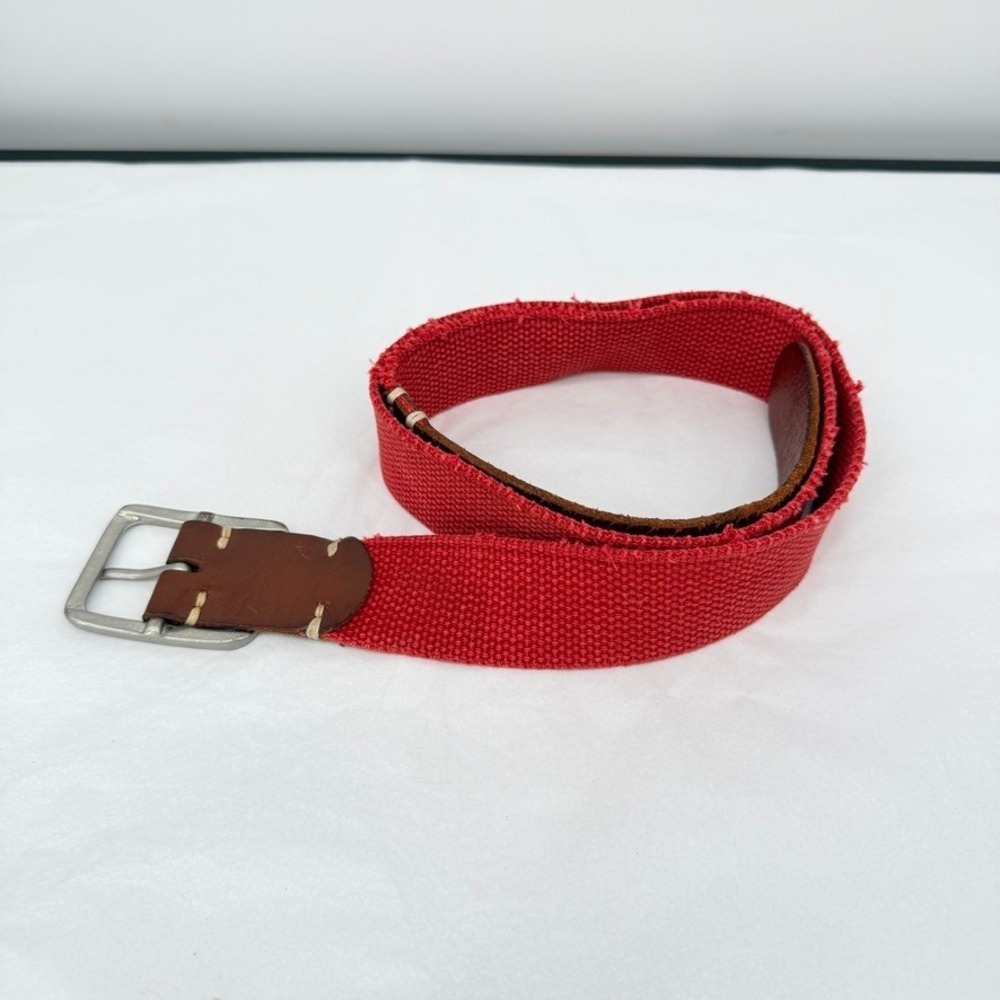 Express Belt Canvas Leather Trim Solid Brass Buckle Casual Mens Unisex Size 38*